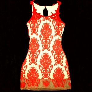 Vintage Chelsea & Violet Rust & Cream Colored Embroidered Mesh Dress MEDIUM